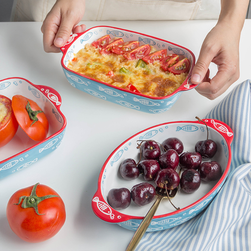 Hand-Painted Fish Pattern Roasting Ceramic Food Plate Round Baking Pan Dish