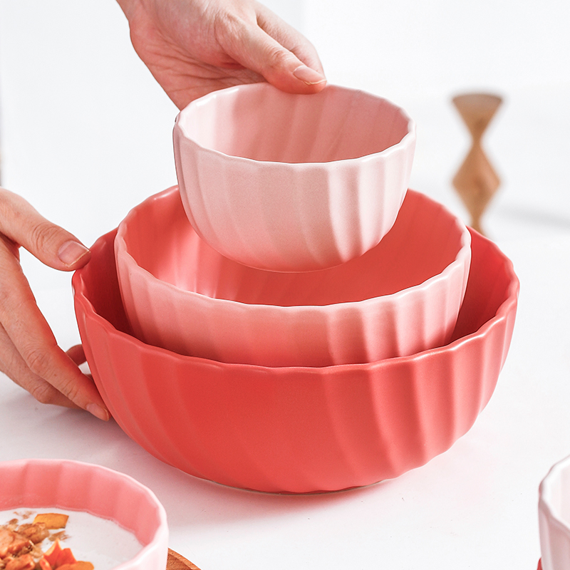 Round Tableware Kitchen Rice Fruits Salad Bowl Serving Ceramic Bowl Gift Set