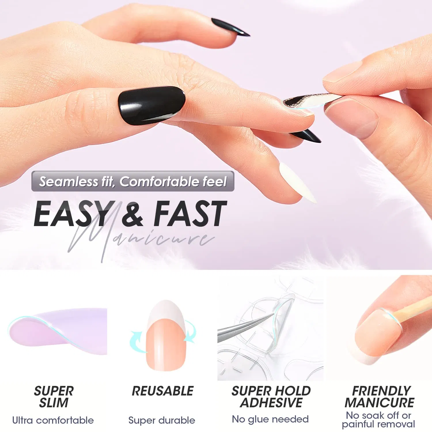 Glossy Short Pink Solid Color Fake Stick-on Nails Kit Press-on Manicure