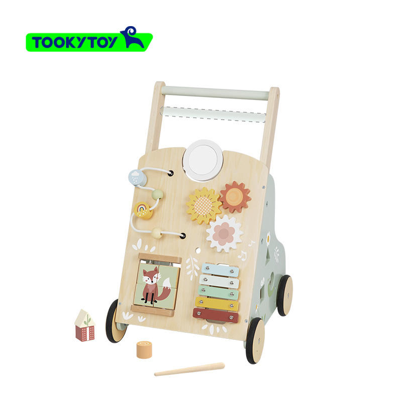 Multi-Function Wooden Baby Walker Activity Sensory Busy Board Pull and Push Cart Baby Learning Walk