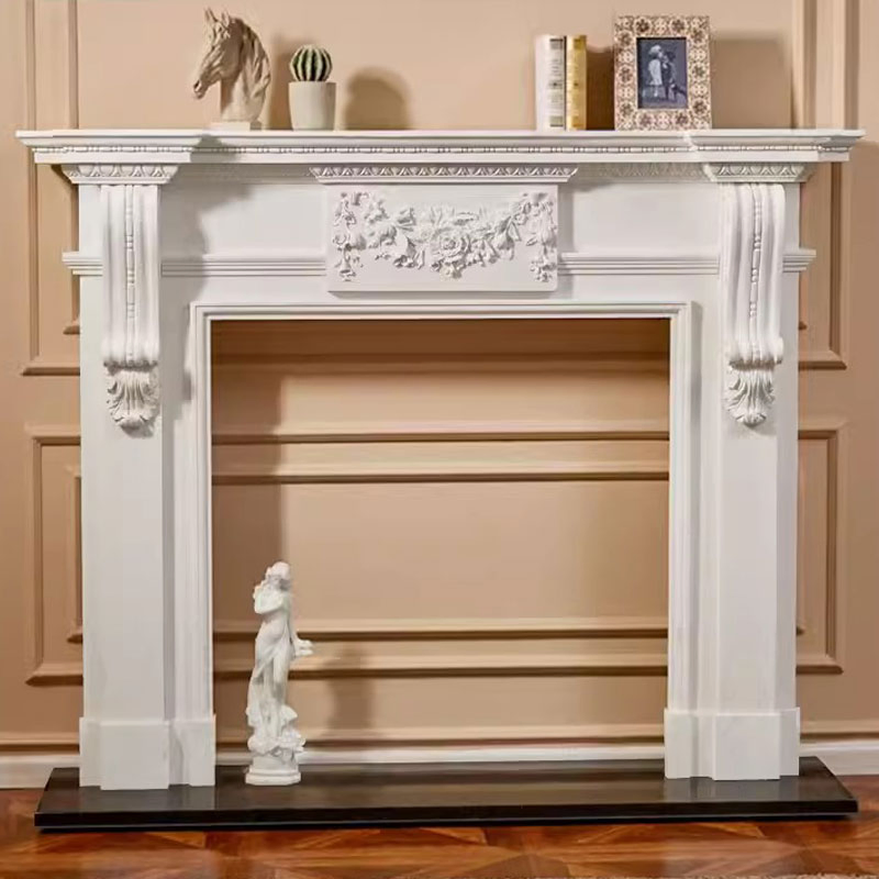 Custom-Designed Interior Volakas White Marble Fireplace