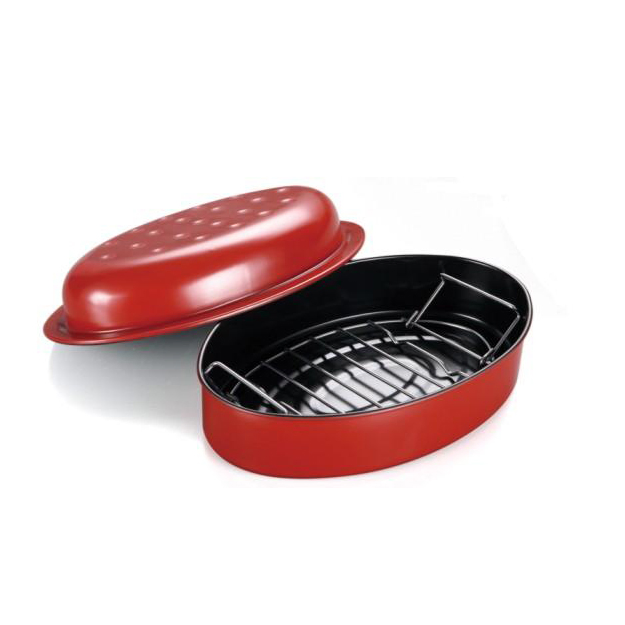 High Quality Sky Blue Carbon Steel Chicken Oval Cookware Roaster Pan with Rack