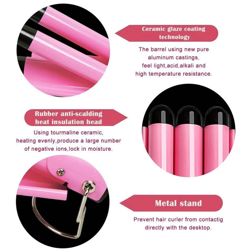 3 Barrel Curling Iron Hair Crimper: Dual Voltage Adjustable Temperature Three Barrels Hair Waver