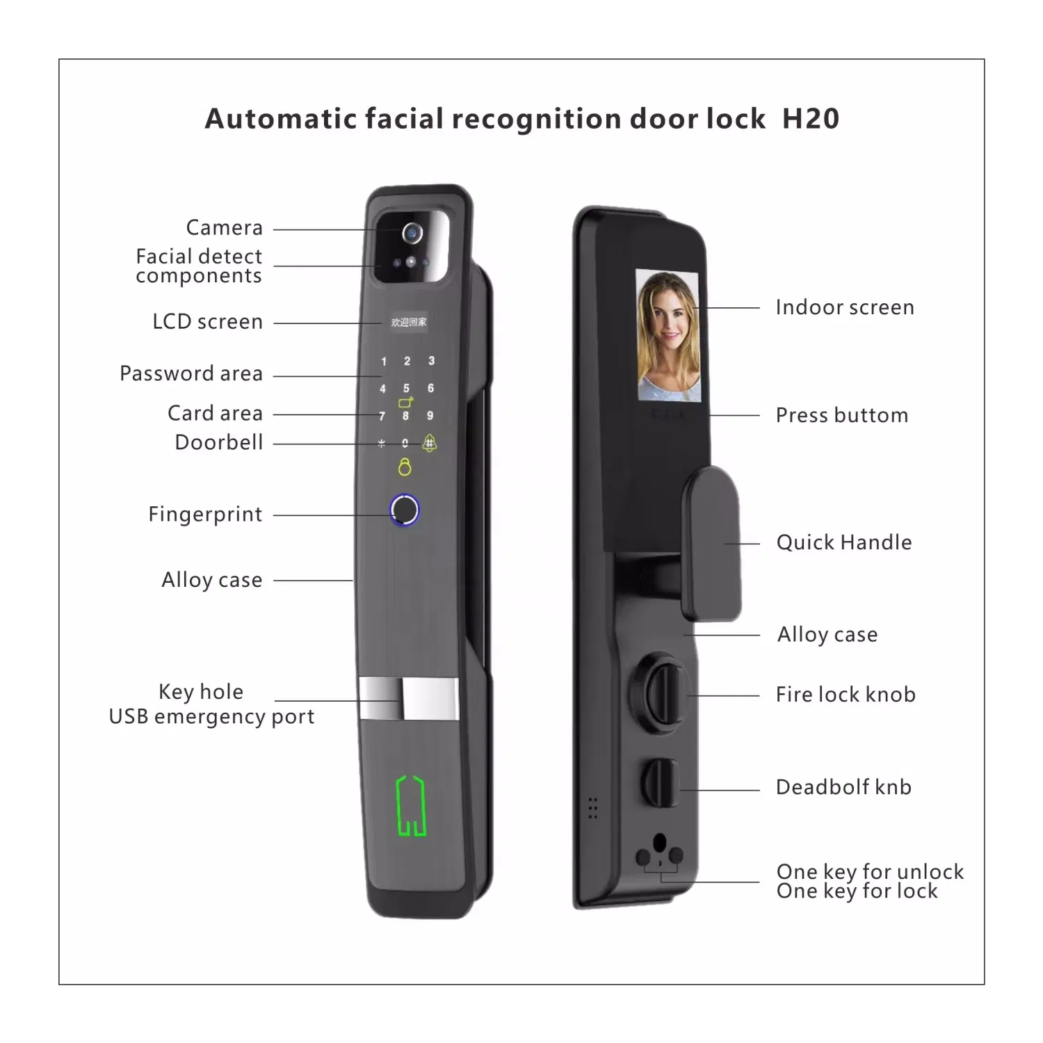 3D Face Recognition Fingerprint Smart Door Lock with 14-Language Biometric