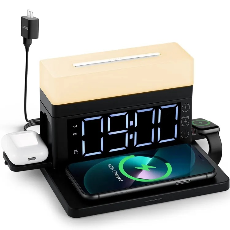 2023 Hot Sell Multifunction 6-1 Qi Wireless Charger 15W Desktop Charger with Alarm Clock