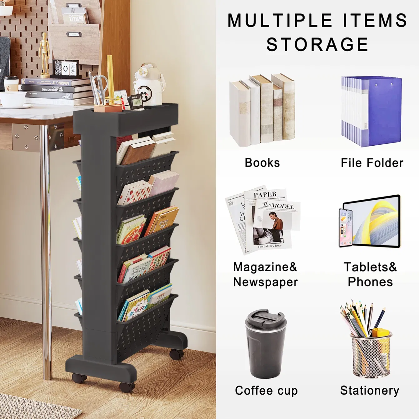 Stylish 6 Tier Black Rolling Bookshelf for Easy Storage