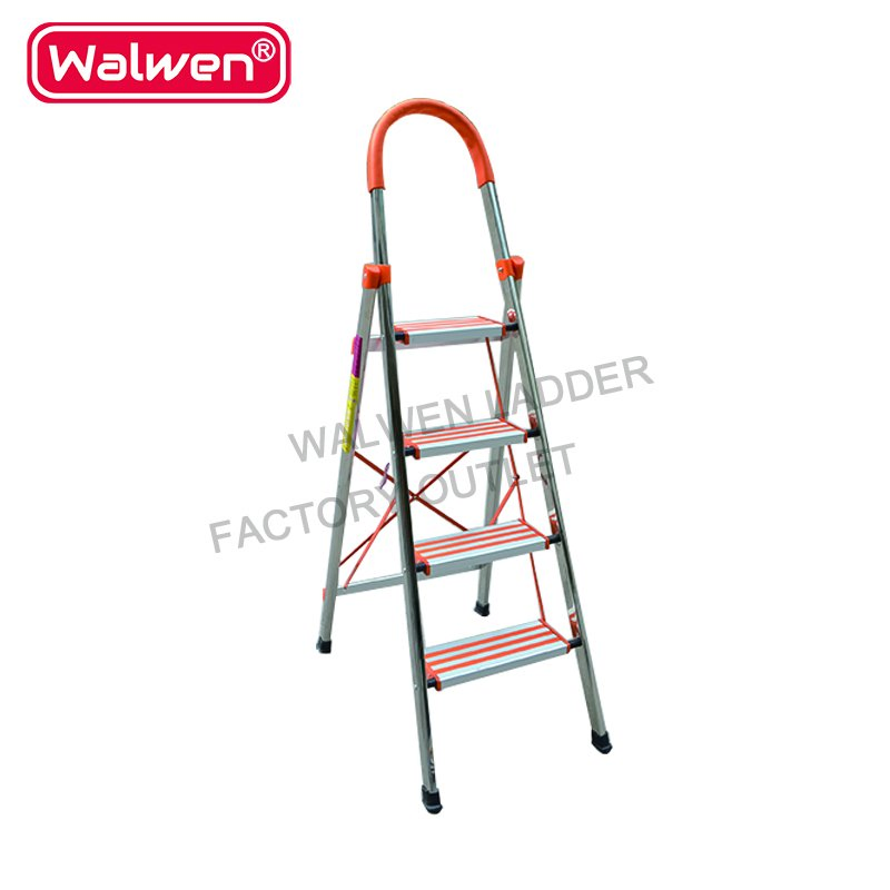 Easylife Steel Safety 4 Step Adjustable a Frame Stainless Steel Folding Step Ladder with Handrail