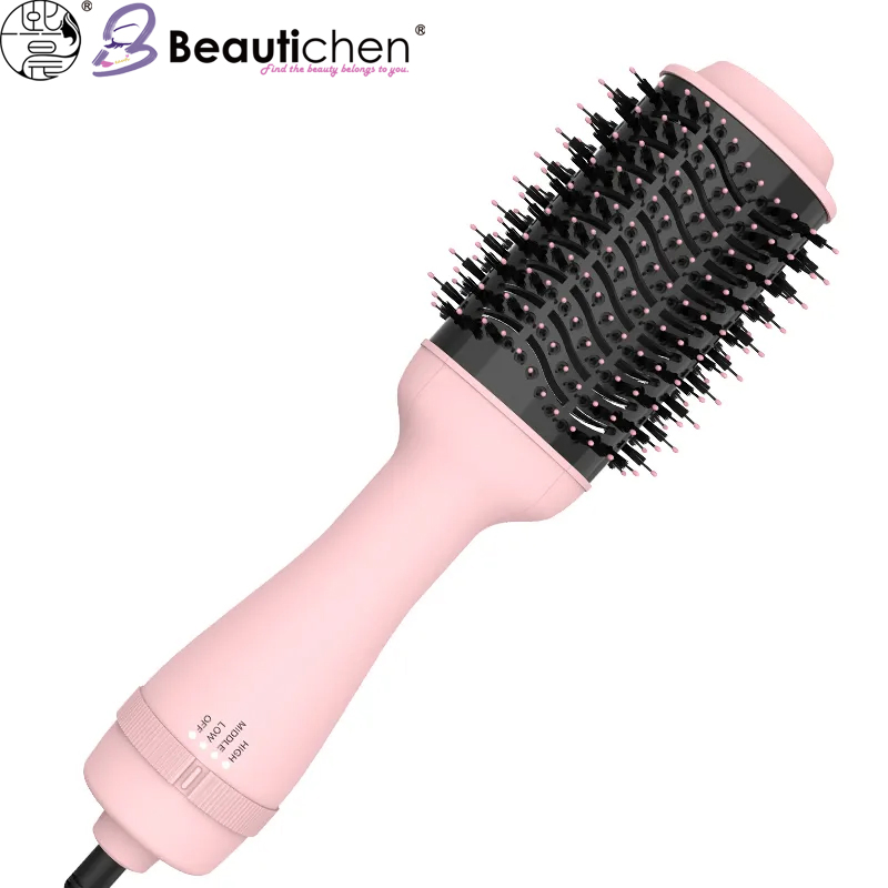 Beautichen Pink Handle Hot Air Brush – 3-in-1 Hair Dryer, Straightener & Curler with Adjustable Temperature for Wet & Dry Styling