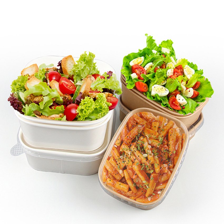Eco-Friendly Fast Food Salad Takeout Package Disposable Kraft Paper Bowl with Lid
