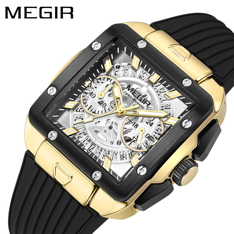 Megir 2228g New Square Men's Silicone Strap Multi-Functional Timing Sports Quartz Watch