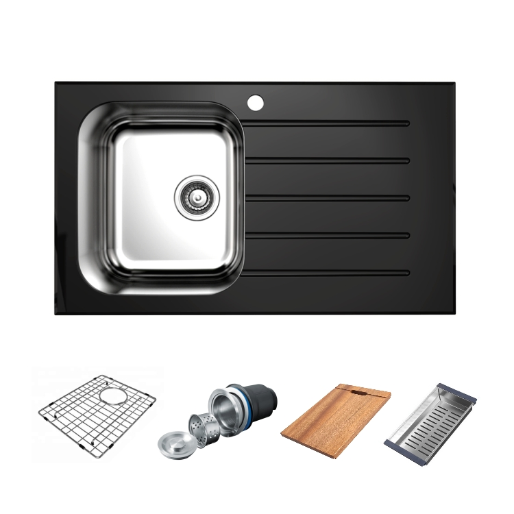82X45X22cm Built in Table One Hole Basin Tempered Glass SUS304 Ss201 Stainless Steel Sink with Floor Drain for Villa Project Weiding Kitchen Sink