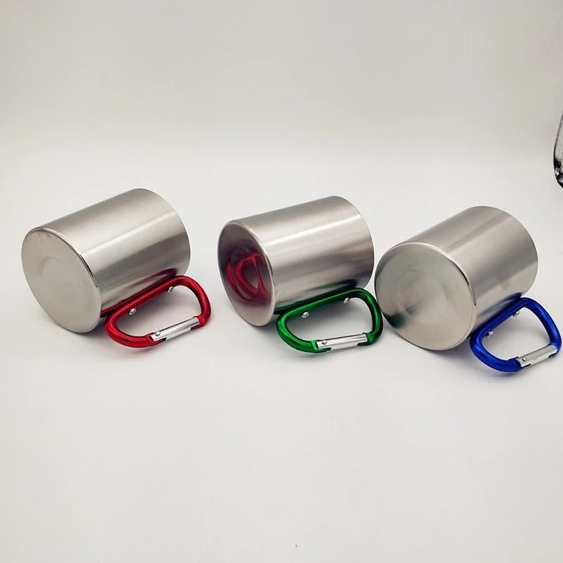 Custom Logo Camping Stainless Steel Cup Carabiner Hook Handle Picnic Portable Water Cup Tea Coffee Mug for Outdoor Travel Hiking Drinkware