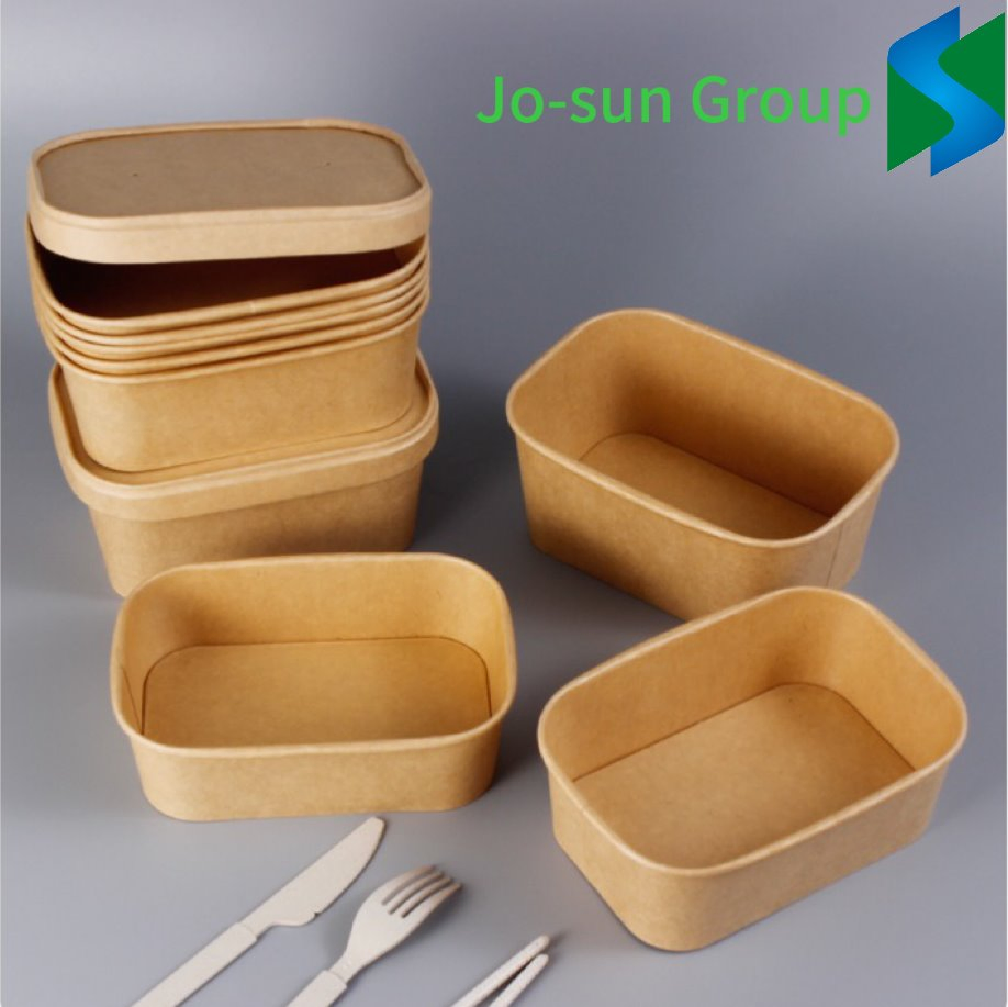 Jo-Sun Disposable Biodegradable Food Grade Kraft Rectangular Paper Bowl with Paper Lid