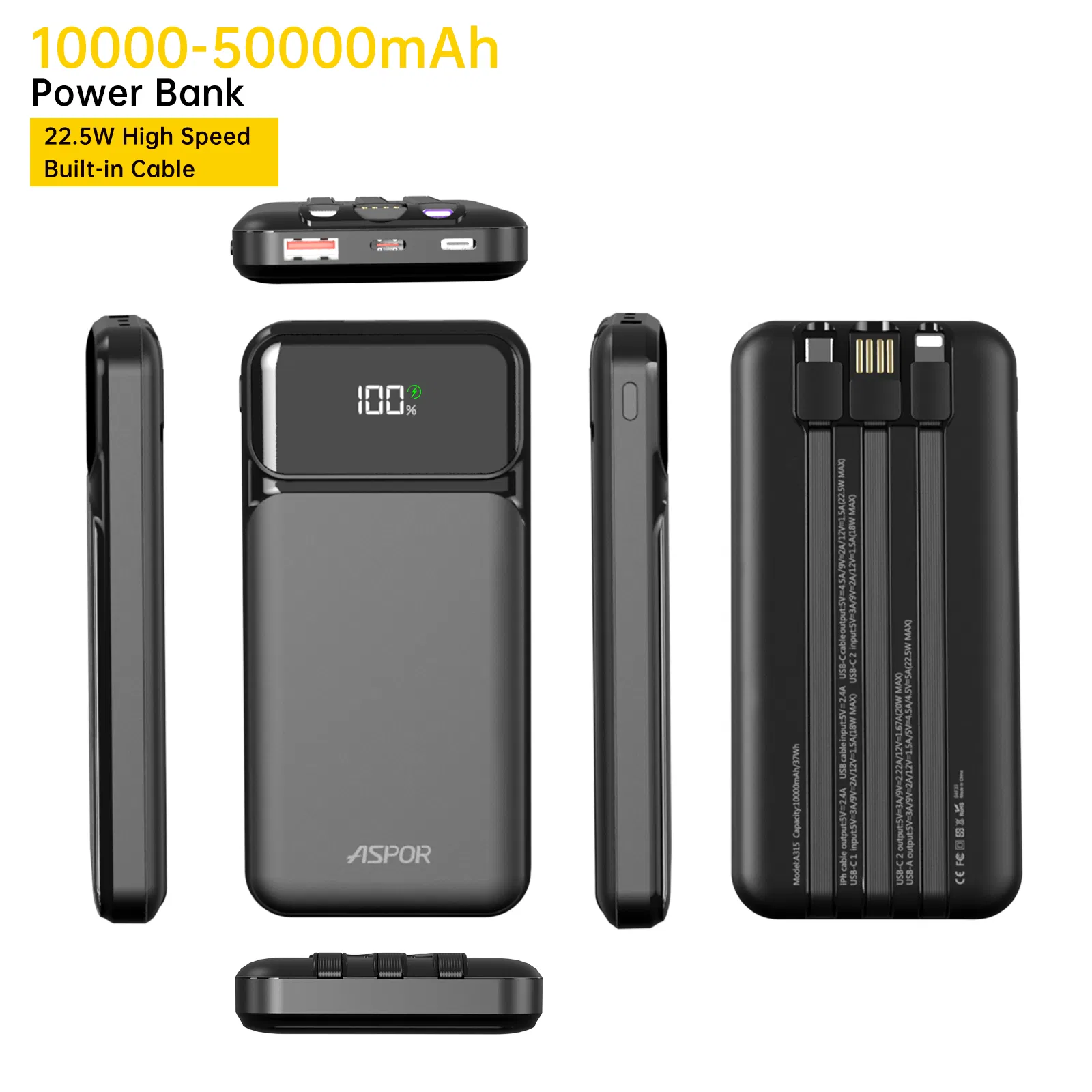 Aspor A315 Fast Charging 10000mAh Power Banks Built-in Micro/Type-C/Lighting USB Cables
