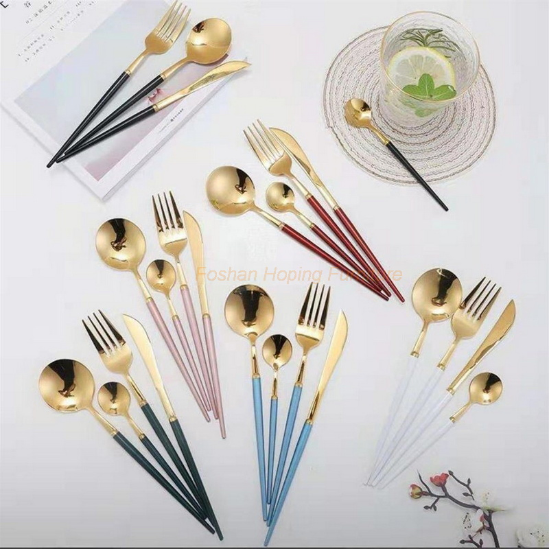 Modern Wedding Knift Spoon and Fork Black / Red/ Whte/ Pink/ Blue/ Navy Handlebar Gold Stain Steel Paibee 18/10 Flatware Set Wholesales Restaurant Cutlery Set