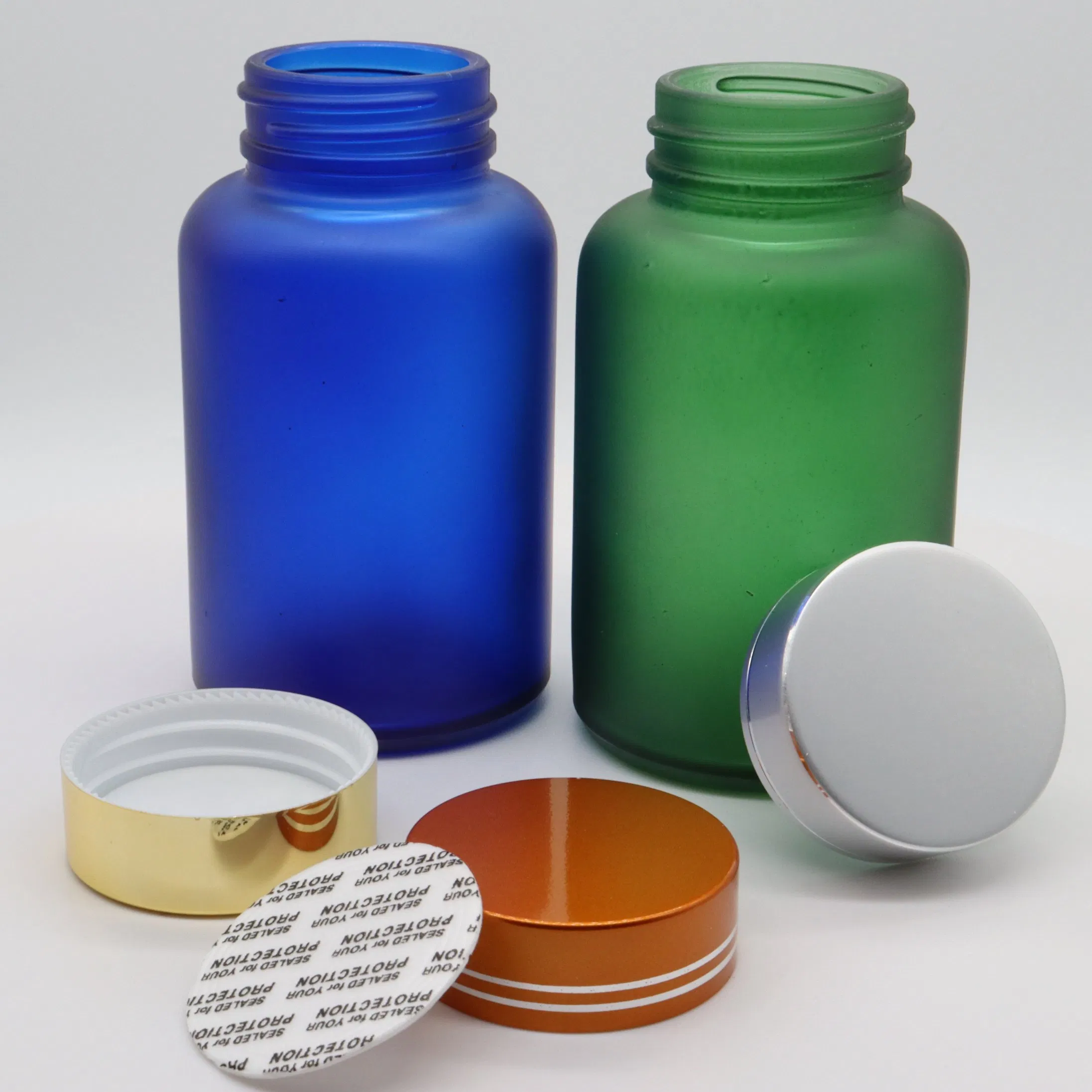 Food Grade Glass Jar Empty Transparent Glass Tablet Pill Capsule Bottles with Aluminum Caps Medicine Bottle Amber Green 100cc 200cc 500cc