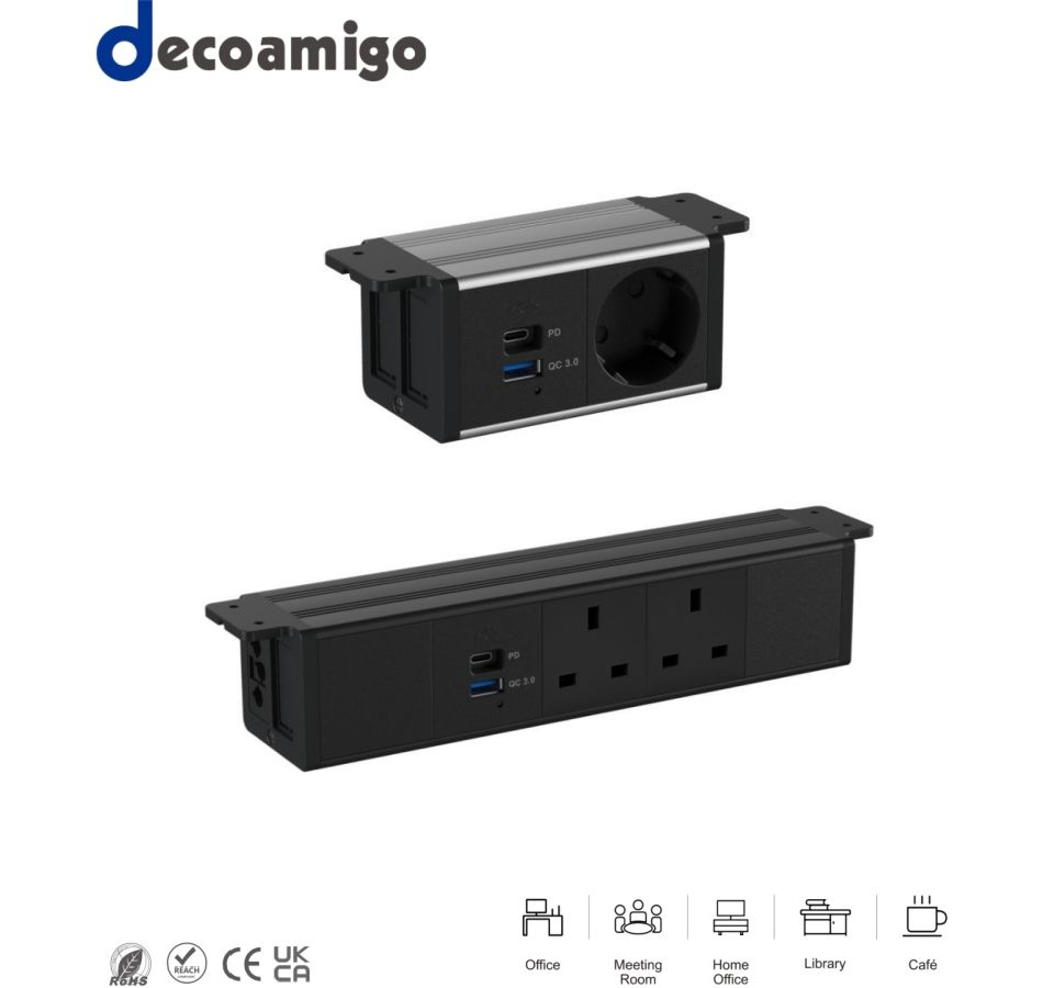 Decoamigo Recessed Desk Surface Mountable Recessed Furniture Power Strip Office Sockets
