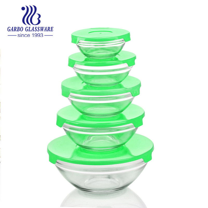 Colored 5PCS Glass Salad Bowl Set with Plastic Lids for Kitchenware Using with High Quality Tableware (GB1401-P) 5PCS Glass Bowl Set