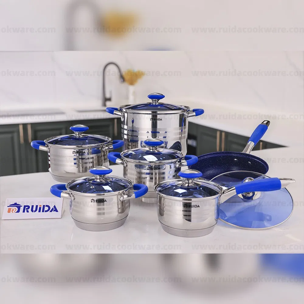 Customized Kitchen Appliance Blue Silicone 6/8/10/12PCS Stainless Steel Kitchenware Set Cookware