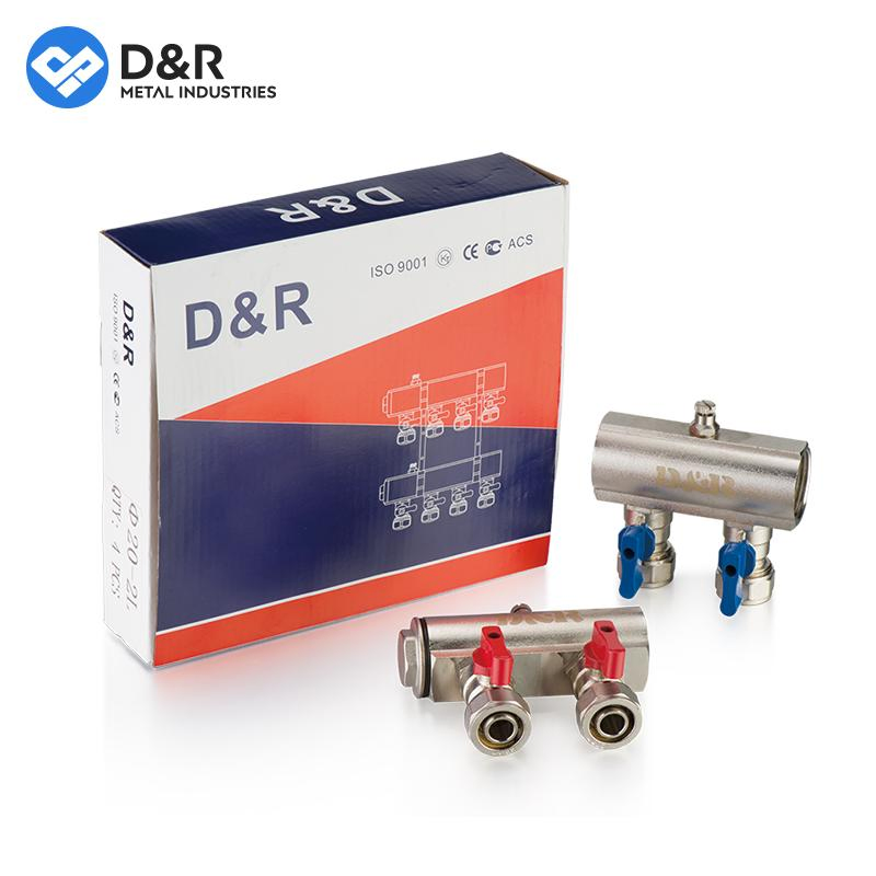 D&R Factory Manufacture High Quality Water Ball Valve Brass Floor Heating Manifold Brass Manifold 2/3/4/5/6 Way Brass Manifold