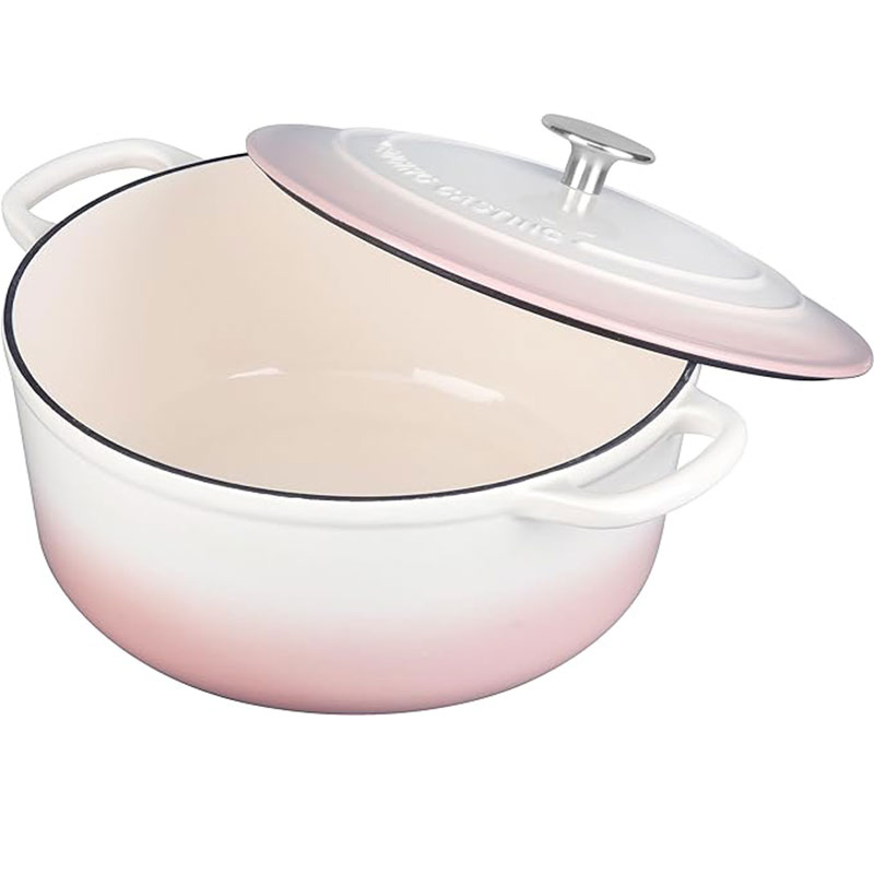 Glazed Enameled Cast Iron Dutch Oven, 5.5 Quart, Crock-Pot Artisan Round with Lid Dual Handles for Bread Baking, White-Pink