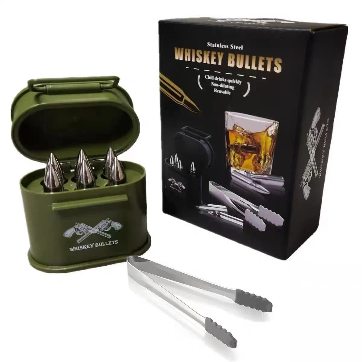 Bullet Whiskey Stones Gift Set 6 Metal Ice Cubes Stainless Steel Whiskey Rocks for Bourbon & Scotch Cool Whiskey Gifts for Men