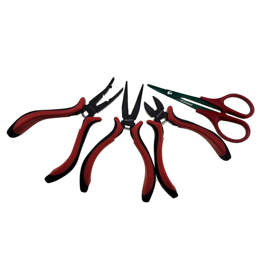 4PCS Pliers&Scissors Kit Ball Link Pliers, (Side) Cutting Pliers, Long Nose Pliers, Curved Scissors for RC Car Red-Black Handle