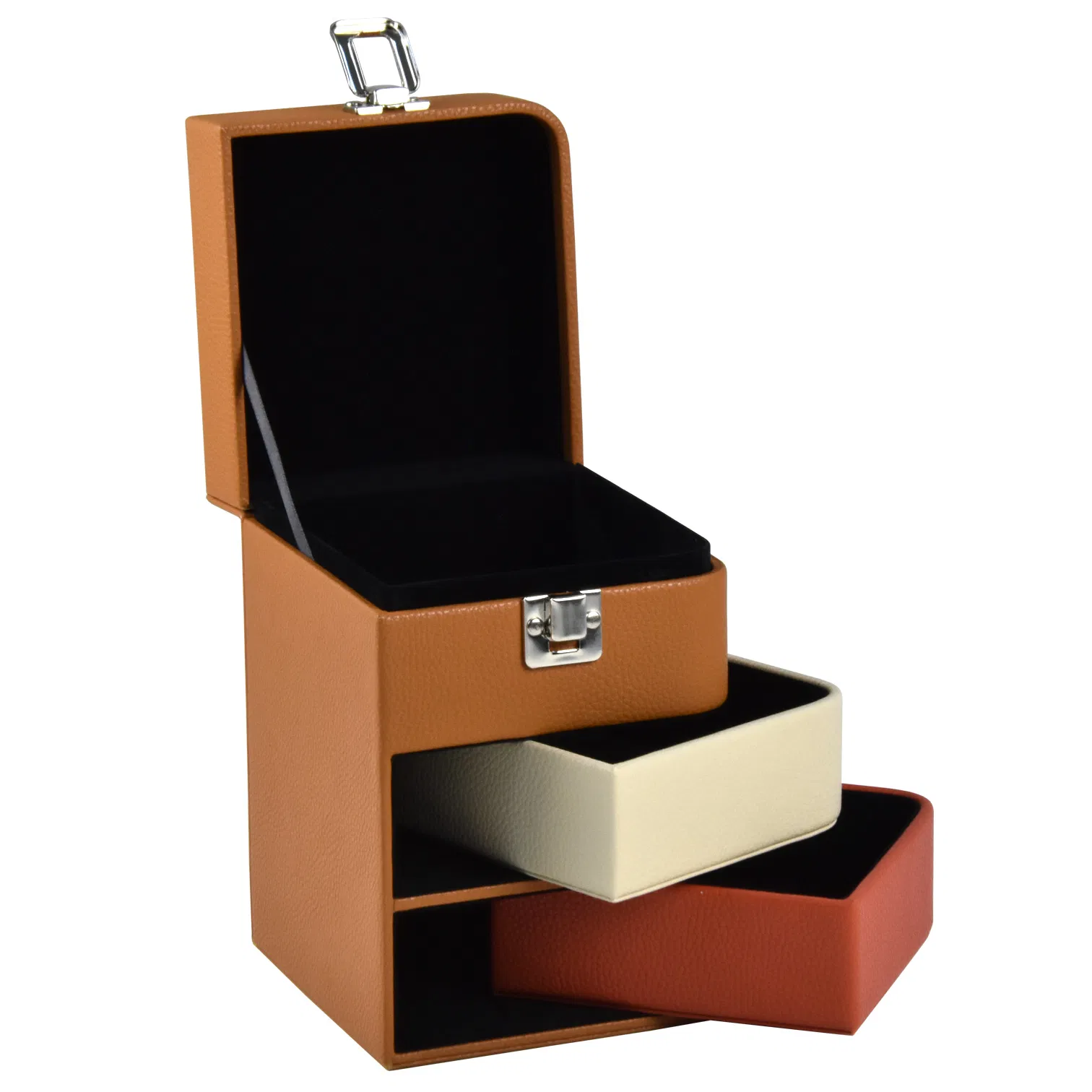 Personalized 3-Layer Contrast Color Leather Storage Travel Jewelry Organizer