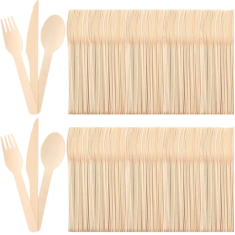 Wholesale Disposable Gold Biodegradable Wooden Bamboo Kitchenware Hotel Plastic Tableware Cpla Stainless Steel Silver Cutlery Wooden Sets