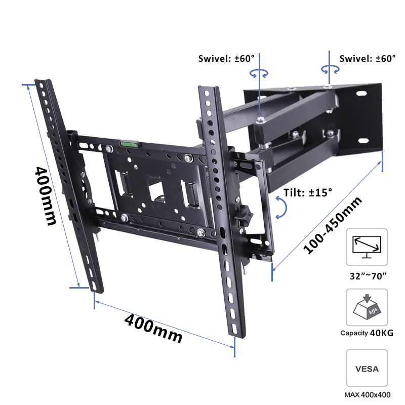 Heavy Duty Dual Arm Articulating Full Motion TV Wall Mount, 32" 37" 42" 46" 50" 55" 60" 65" 70" Swivel LCD TV Mount/