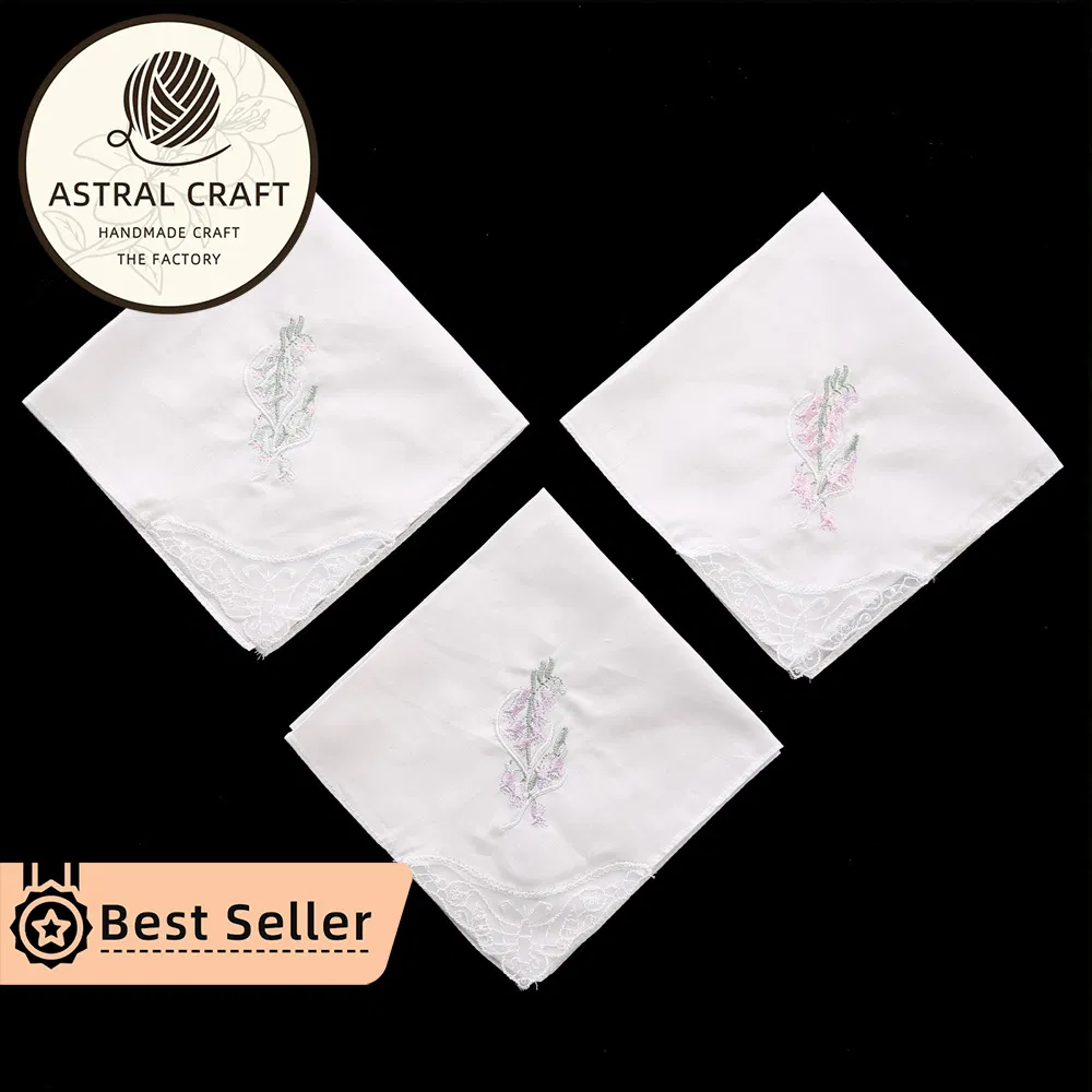 Custom 28cm Embroidered Cotton Handkerchief Flora Lily White Dinner Lace Linen Napkins