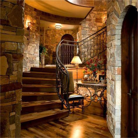 Custom Retro Design Vintage Curved Staircase with Handcrafted Wrought Iron Guardrail Solid Wood Steps