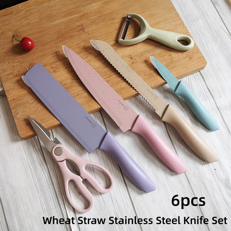 Wheat Straw Kitchen Knives, Food Safe Wheat Straw Stainless Steel Knife, 4 Knives, Scissors, Peeler 6PCS Small Set Kitchen Knife Set in Sliding Drawer Box