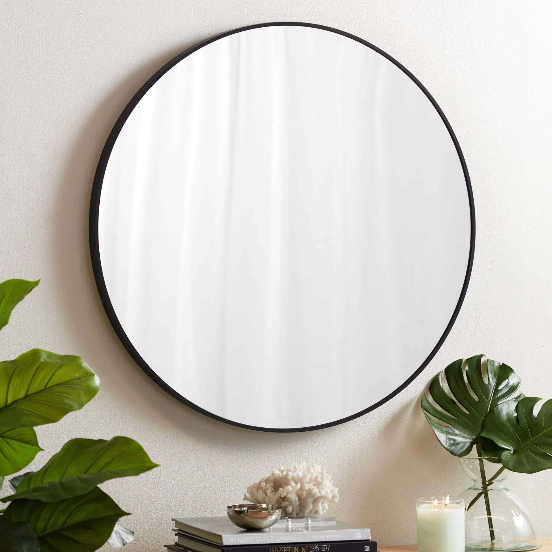 900mm Black Aluminum Framed Round Bathroom Wall Glass Silver Mirror with Brackets
