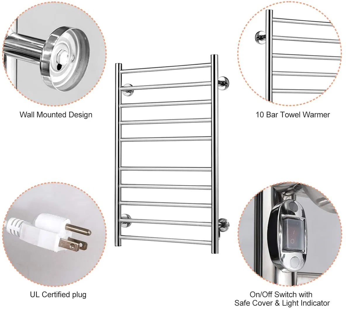 Heated Towel Warmer for Bathroom 304 Stainless Steel Hot Towel Rack Wall Mounted