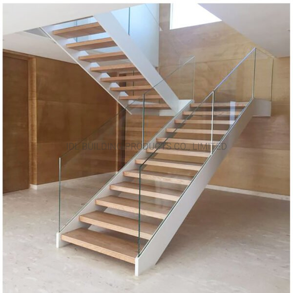 Modern Indoor Space Saving Glass Railing Stairs Stainless Steel Wooden Straight Staircase
