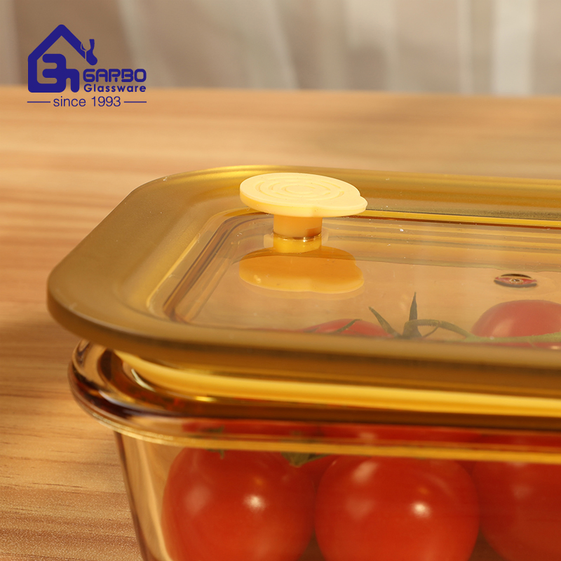 960ml Lunch Box in High Borosilicate Glass with Solid Amber Color LFGB Standard Food Contact Storage Container
