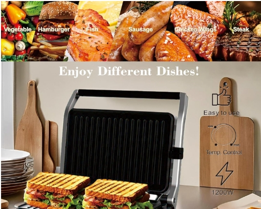 Panini Press, Electric Sandwich Press Grill, Open 180 Degrees, Perfect for Grilling Sandwich, Steak, Burger, Adjustable Temperature Control, Non Stick Coating