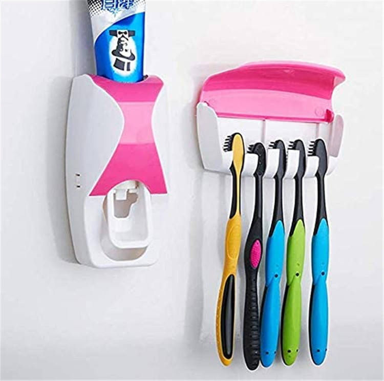 Wall Mounted Kids Hands Free Toothbrush Holder Toothpaste Squeezer Dispenser Set