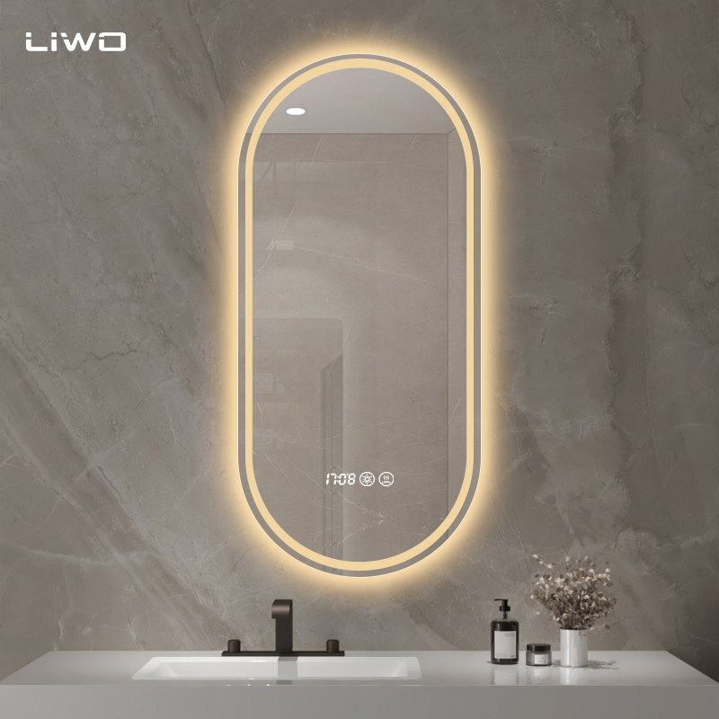 Oval Wall-Mounted LED Mirror with Anti-Fog Bathroom Time Temperature Smart Front and Backlit Light Adjustable Modern cosmetic Makeup Home Decoration Furniture