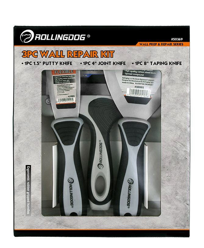 Rollingdog 50536 3PC Putty Knife Set 420 Stainless Steel Blade Rubber Handle
