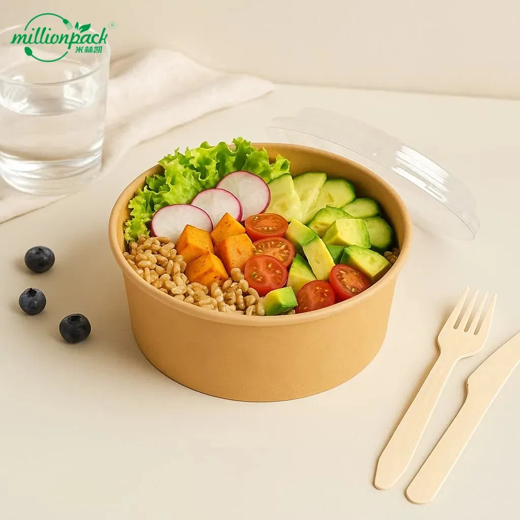 Multi-Compartment Kraft Paper Salad Bowl for Ingredient Separation Needs