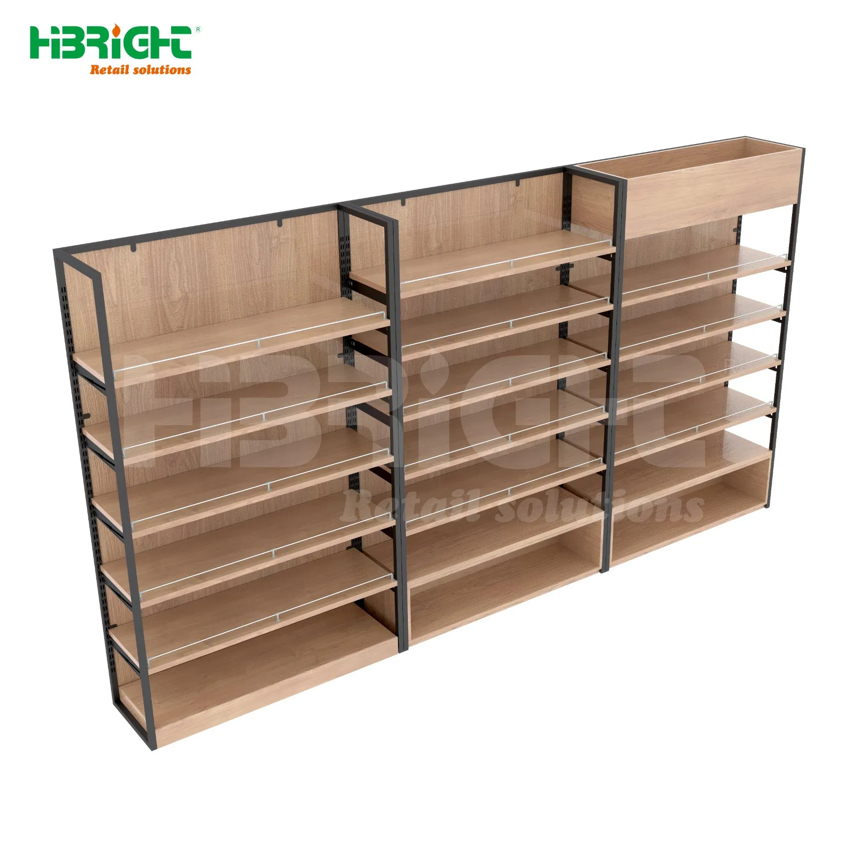 Heavy-Duty Steel Supermarket Rack Double-Sided Display Stand with Wooden and Metal Gondola Light-Duty Supermarket Shelving