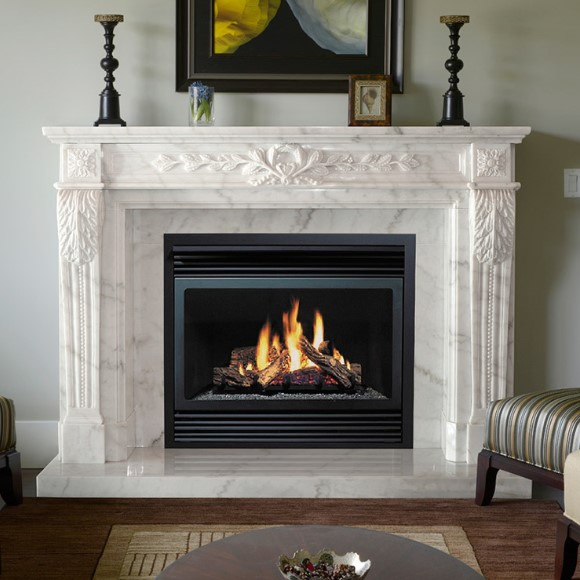 Travertine Fireplace Mantle with Lady Statue for Sale