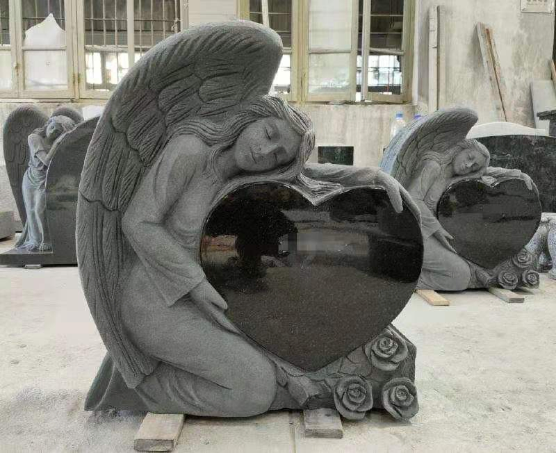Black Galaxy Granite Tombstone Angel with Heart Headstone