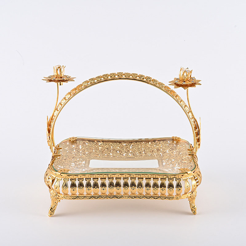 European Style Glass Iron Fruit Basket Portable Snack Metal Gold Turkish Serving Tray Storage