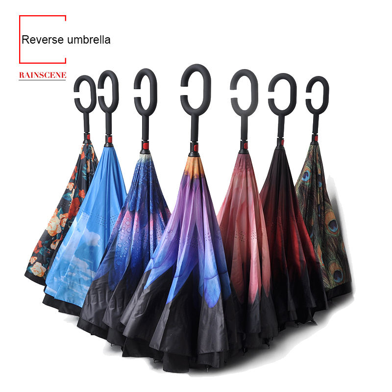 Customized Double Layer Windproof Inside out C Shape Handle Inverted Reverse Umbrella