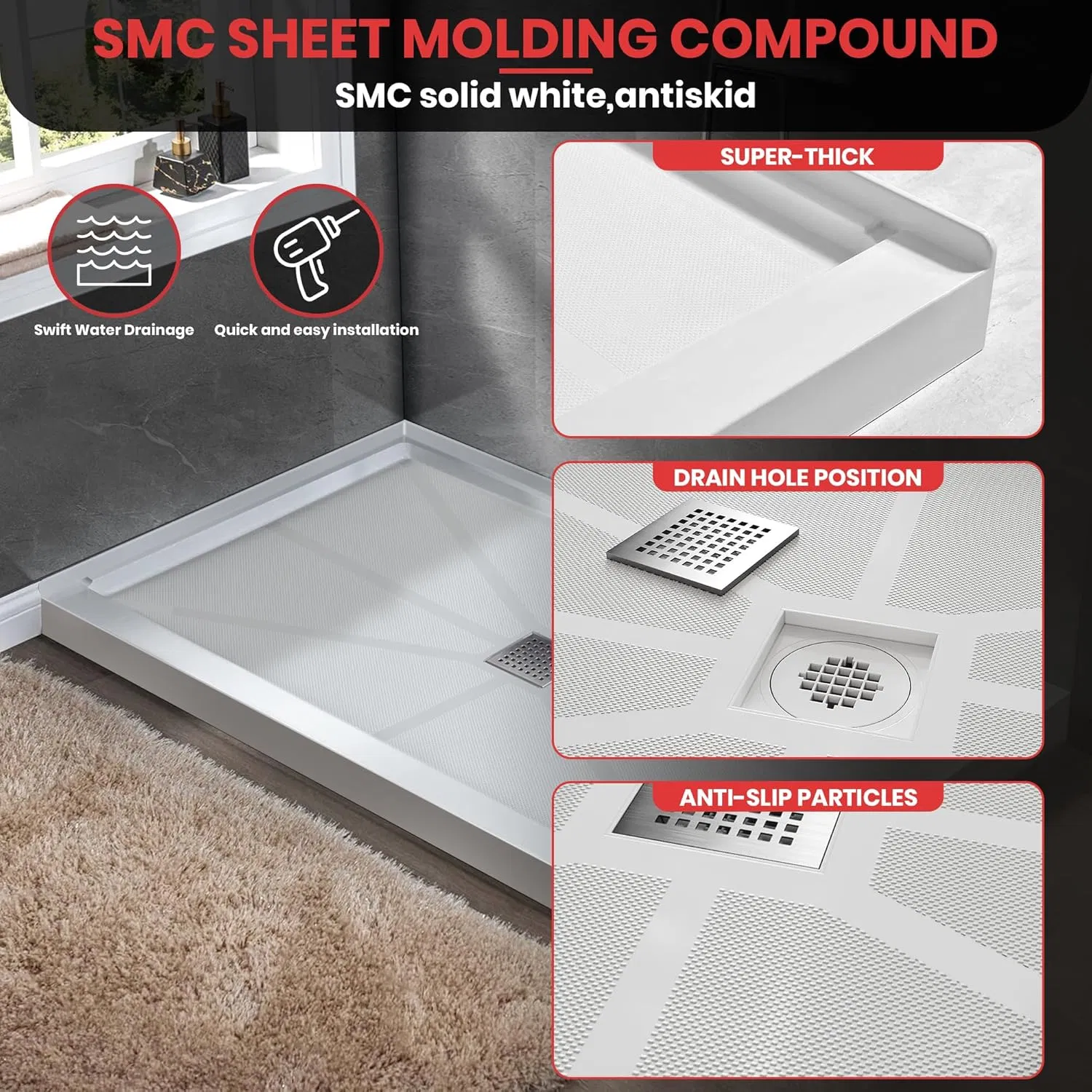 China Factory ODM Composite Gfrp Bathroom SMC Bath Shower Tray