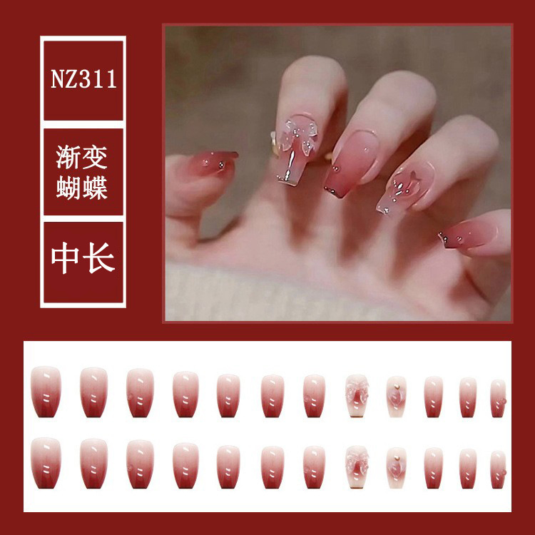 Medium Long Gradient Color Ballet Nail Nail Patch Bow Light Sense See Light Color Color Three-Dimensional Peach Wear Nail Piece