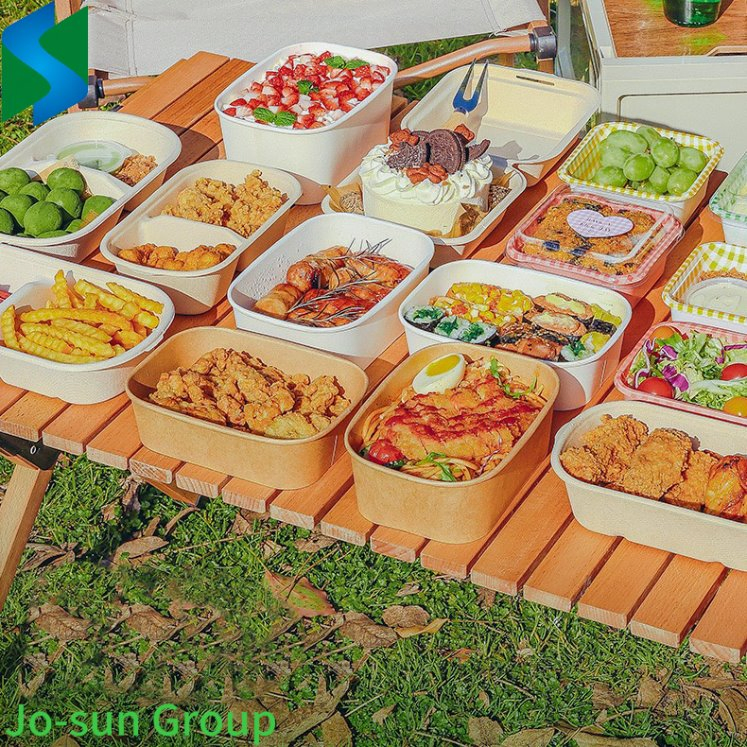 Jo-Sun Disposable Natural Printed Rectangle Take Away Kraft Paper Soup Salad Bowl with Lid